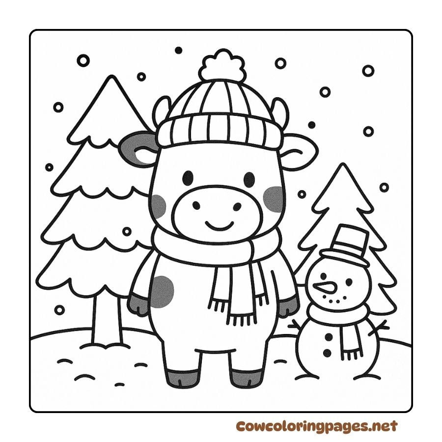 Cow coloring page in winter clothes, standing next to a fun snowman