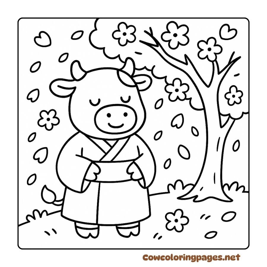 Coloring page of a cow in a kimono in the middle of the falling flowers