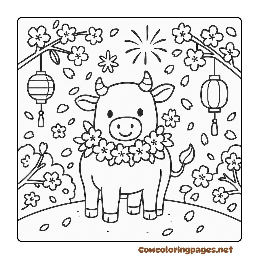 Coloring page of a cow in the middle of spring with bright fireworks