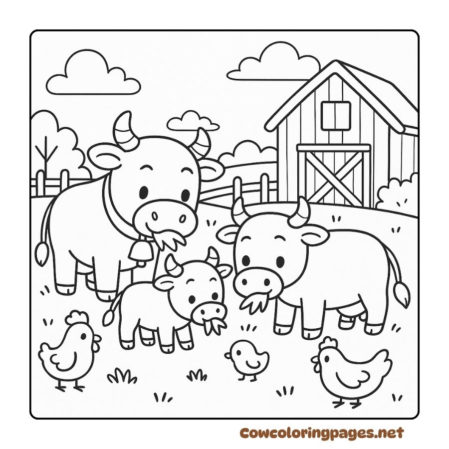 Coloring page of a cow with family on a farm with chicks