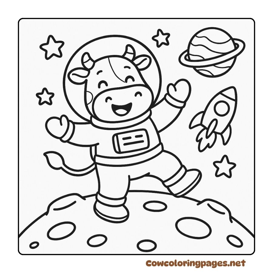 Coloring Page Astronaut Cow Dancing in Space