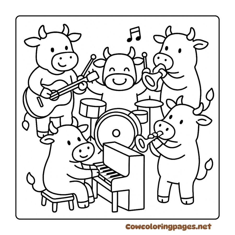 Coloring Page Cow Band Playing Drums, Trumpets, and Guitars