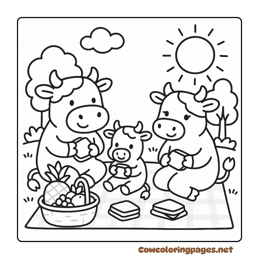 Coloring Page Cow Family Picnic Together in Nature
