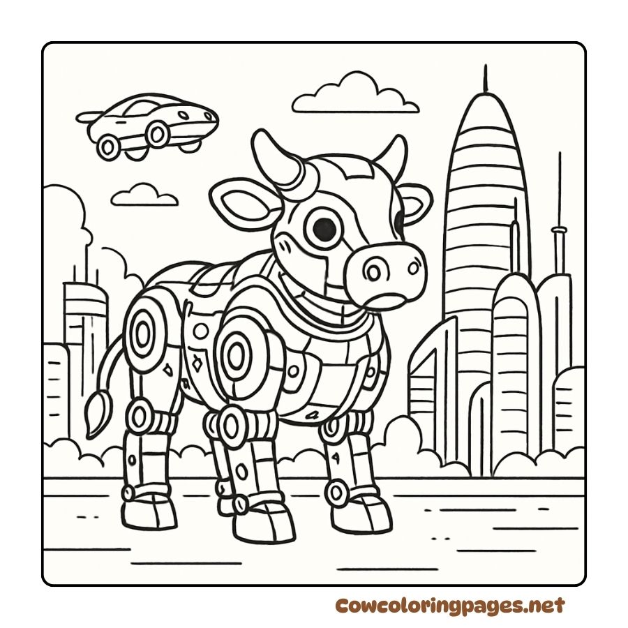 Coloring page of a mechanical cow with a modern city scene