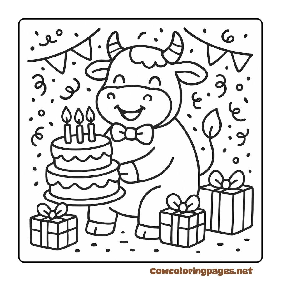 Happy Cow With Cake And Gift Box In Birthday Coloring Page