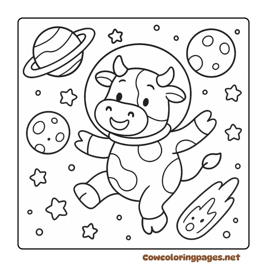 Coloring page of a cow traveling in space between planets