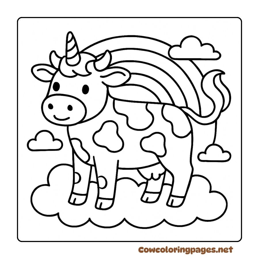 Coloring page of a unicorn cow flying in the middle of a gentle rainbow