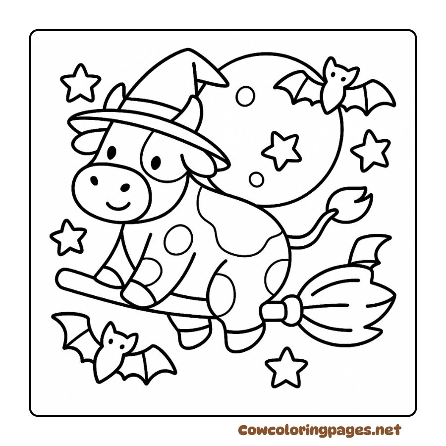 Witch Cow Coloring Page Flying with a Broom and Bats