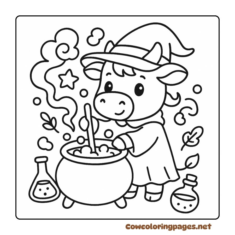 Witch Cow Coloring Page Stirring a Magical Potion