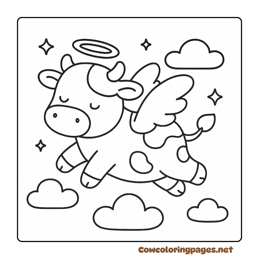 Cow coloring page with wings and flying angel ring