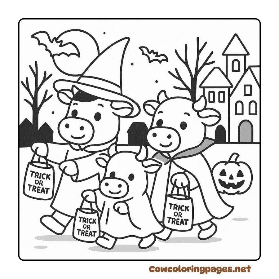 Halloween Trick-or-Treat Cow Coloring Page
