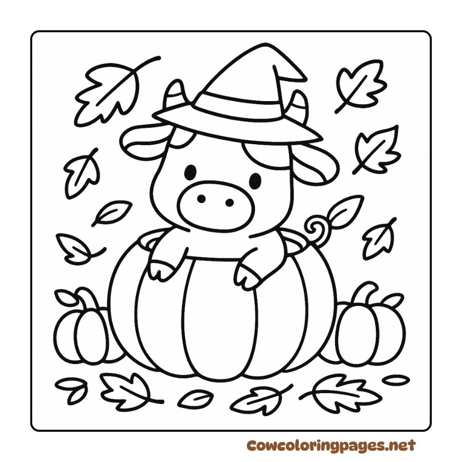 Witch Cow Coloring Page in a Pumpkin Falling in Autumn