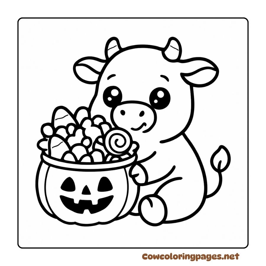 Baby Cow Coloring Page with a Smiling Halloween Candy Basket
