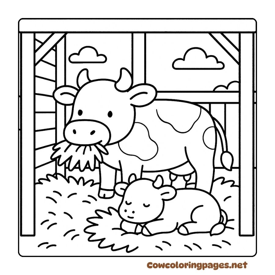 Coloring page of cow and calf in a cute hay barn