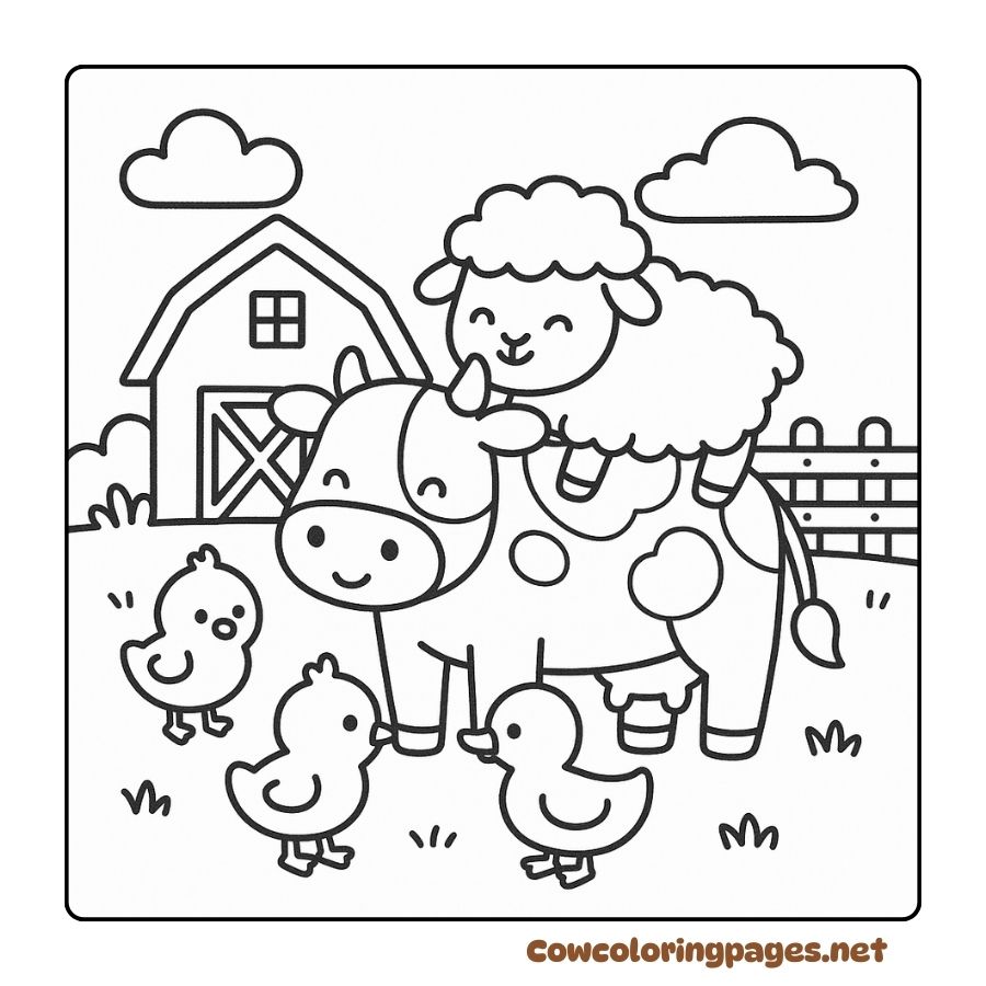Cute cow and sheep in farm coloring page