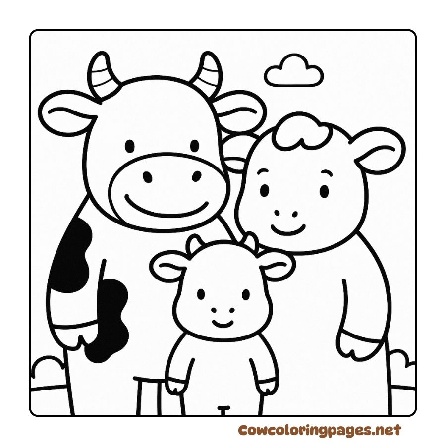 Coloring page of cow family smiling together so warmly
