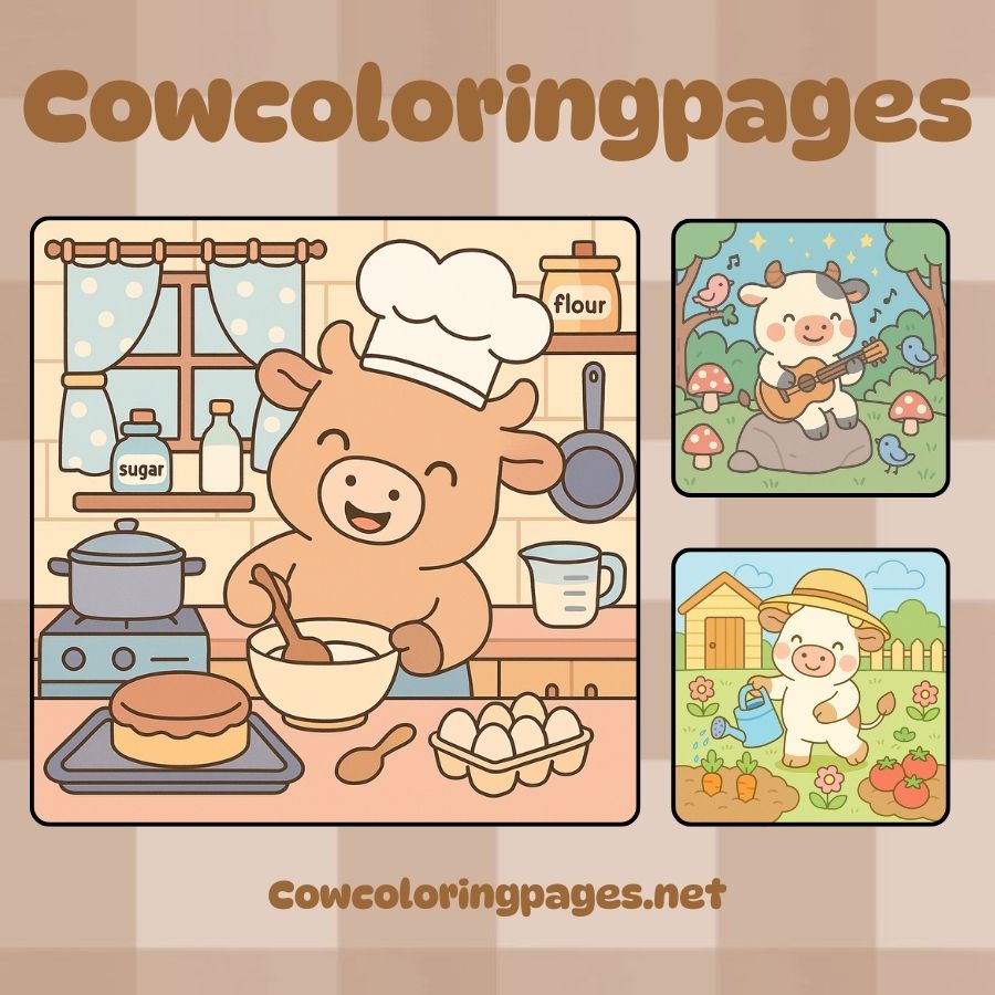 Happy cow scene coloring page: baking, singing and gardening