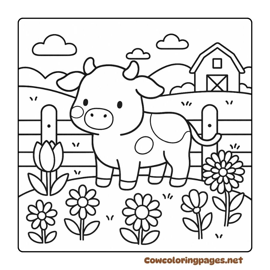 Coloring pictures of lovely cows among flying flowers and fluttering butterflies