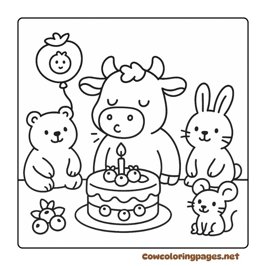 A cow celebrating a birthday with a bear, a rabbit and a mouse in a coloring page