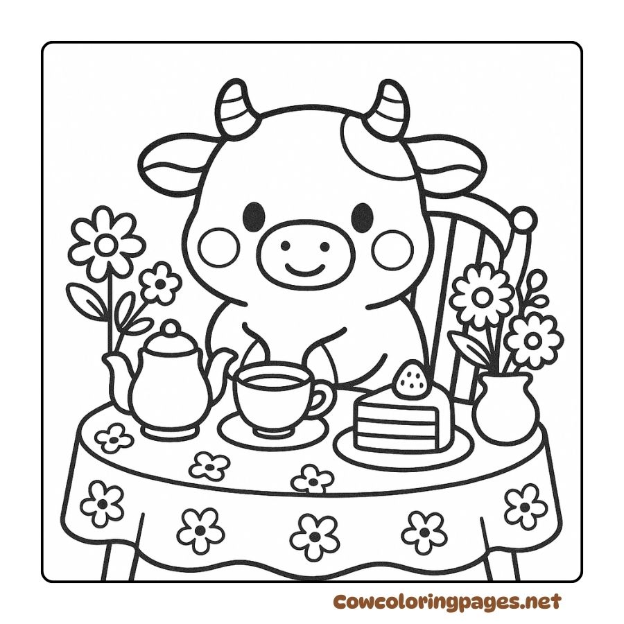 Coloring pictures of cows sitting at a tea party with cakes and flowers