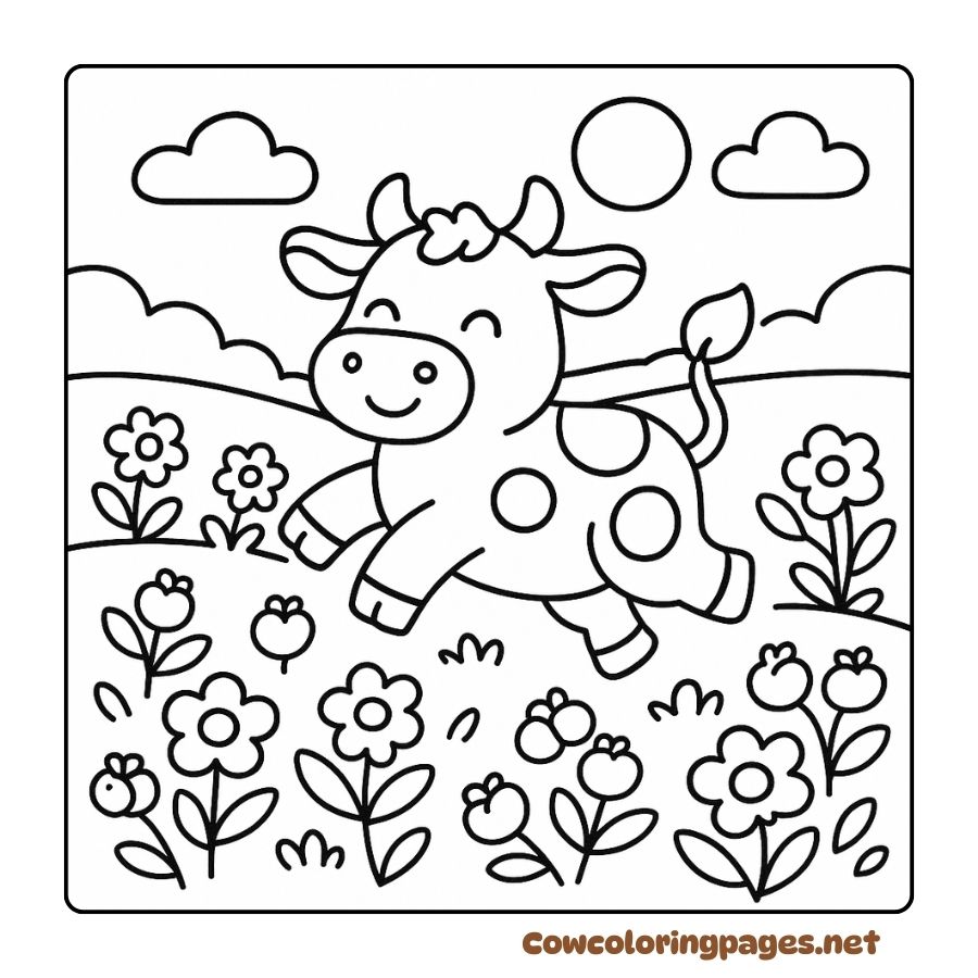 A cow jumping in a field of bright flowers in a coloring page