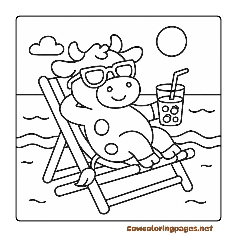 A cow wearing sunglasses drinking a soft drink in a coloring page