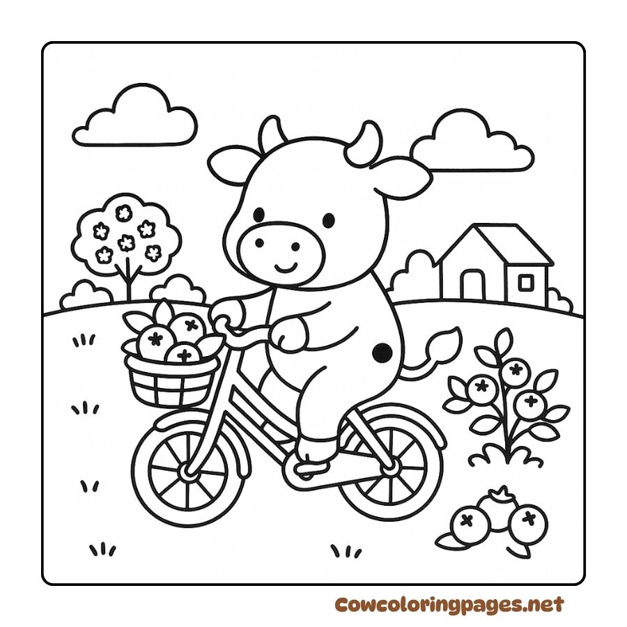 A cow cycling through a green fruit field in a coloring page