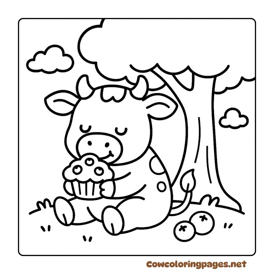 A cow sitting at the base of a tree eating a muffin in a coloring page