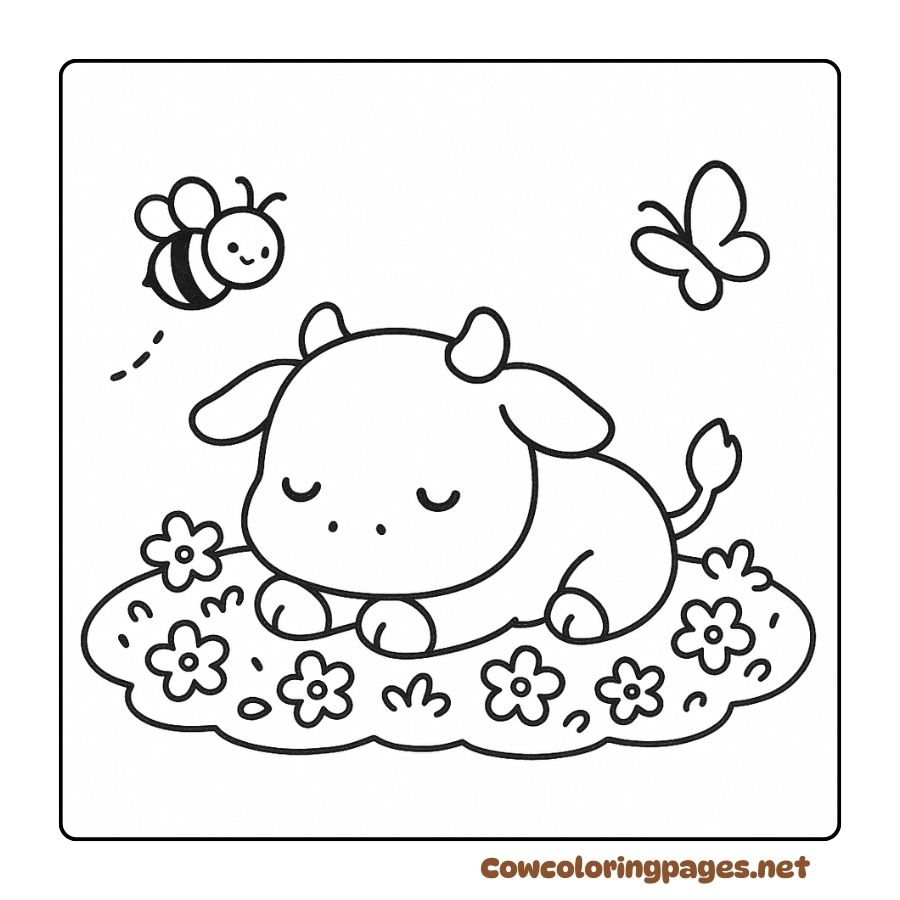 Coloring pictures of cows sleeping among flowers, bees and butterflies