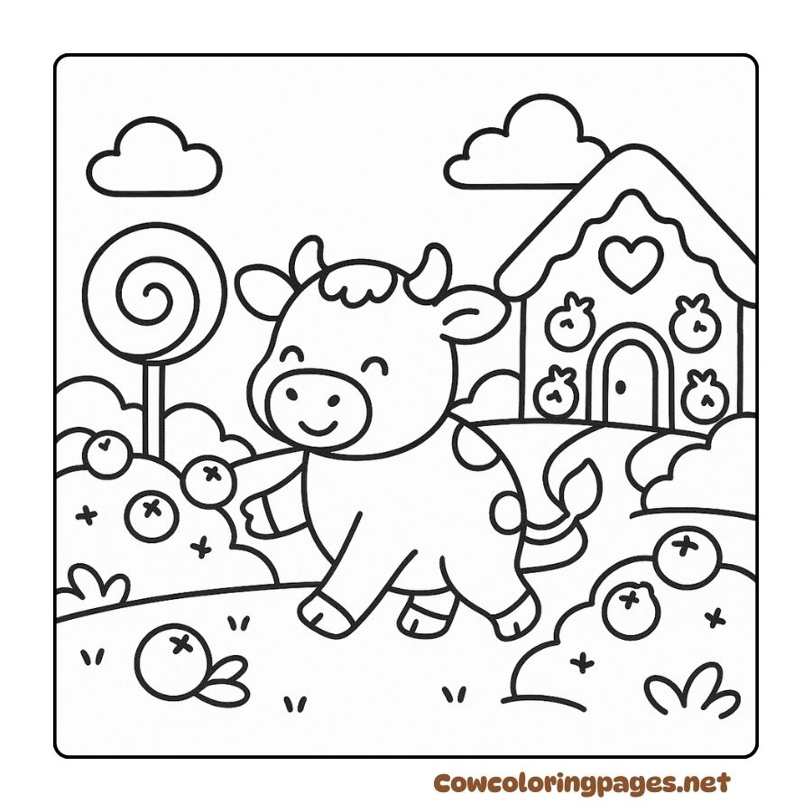 A cow walking in a magical candy garden in a coloring page