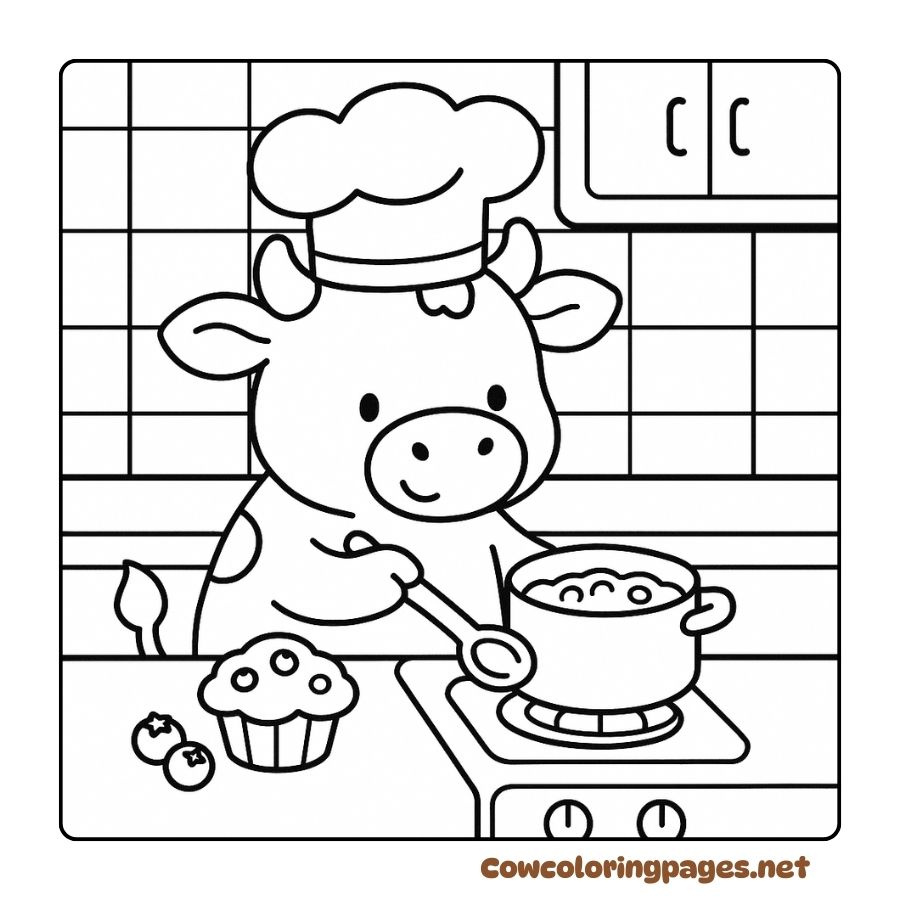 cow cooking coloring page like a chef in beautiful kitchen