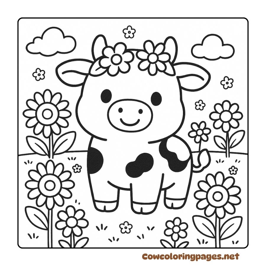 Coloring pictures of cows wearing fresh flowers in the middle of a bright flower garden