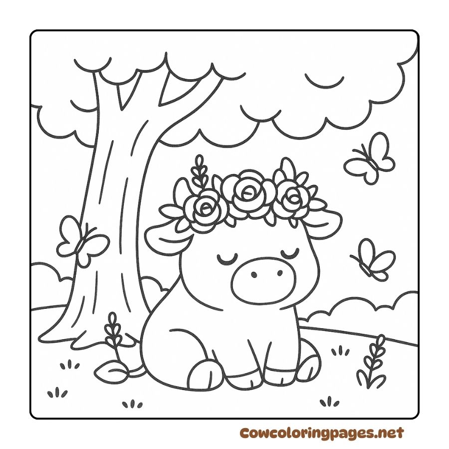 Coloring pictures of cows wearing flower crowns under the shade of trees