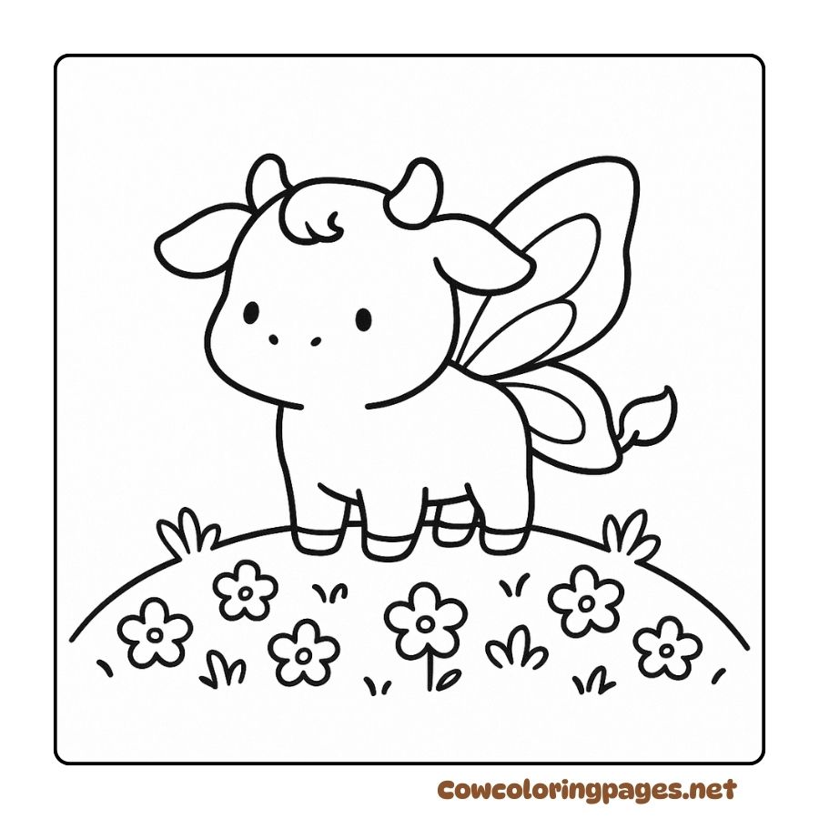 Coloring pictures of cows with fairies standing on small flower hills