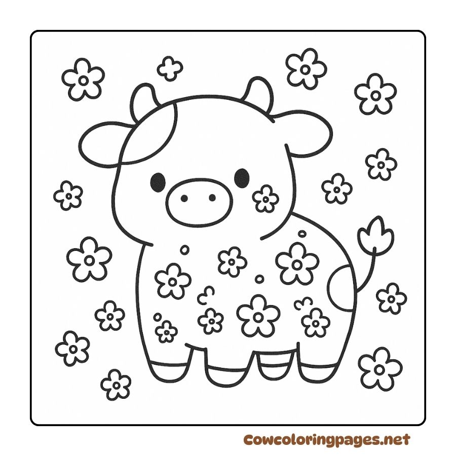 Coloring pictures of lovely cows among flying flowers and fluttering butterflies