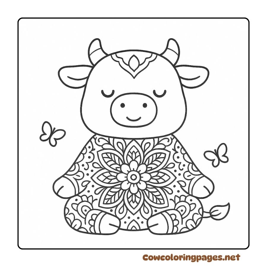 Coloring pages of cows meditating with beautiful mandala patterns