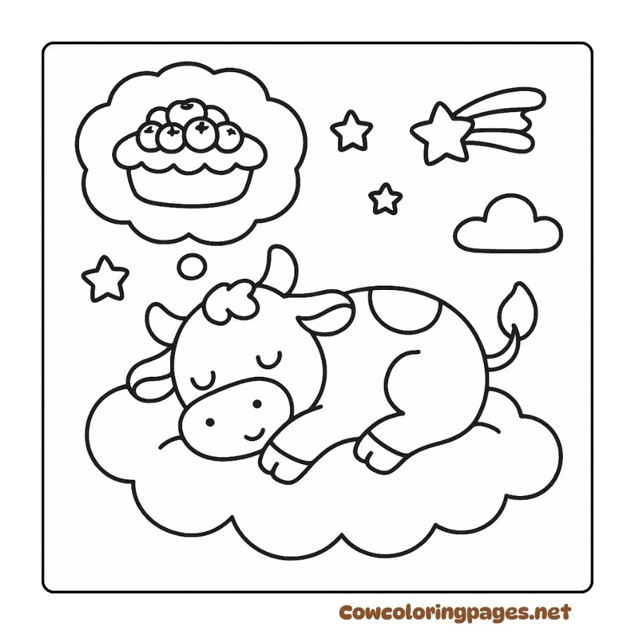 Coloring page of a sleeping cow dreaming of sweet cakes under the stars