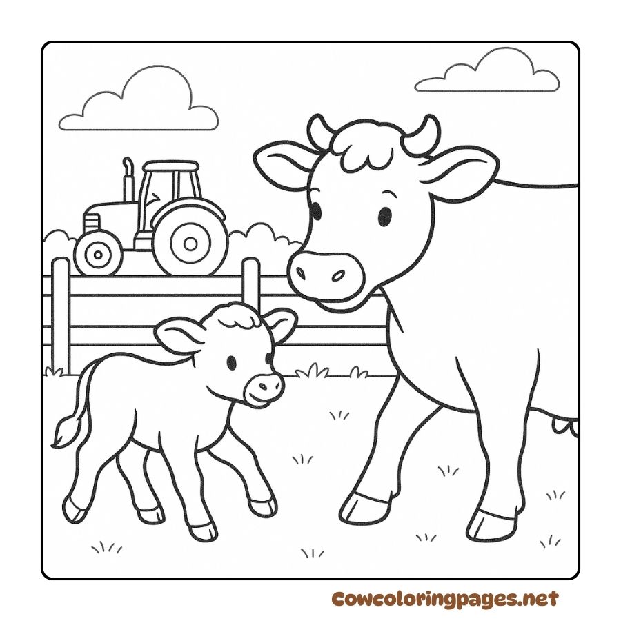 Coloring image of cow and calf playing happily on a farm