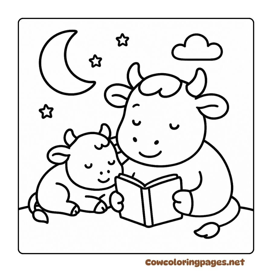 Coloring page of cow telling story to calf under the starry sky