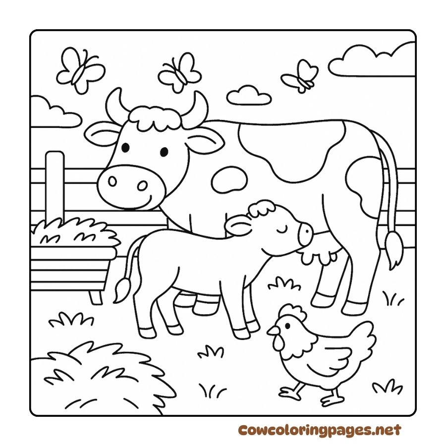 Coloring page of mother cow and calf playing with chicken and butterfly
