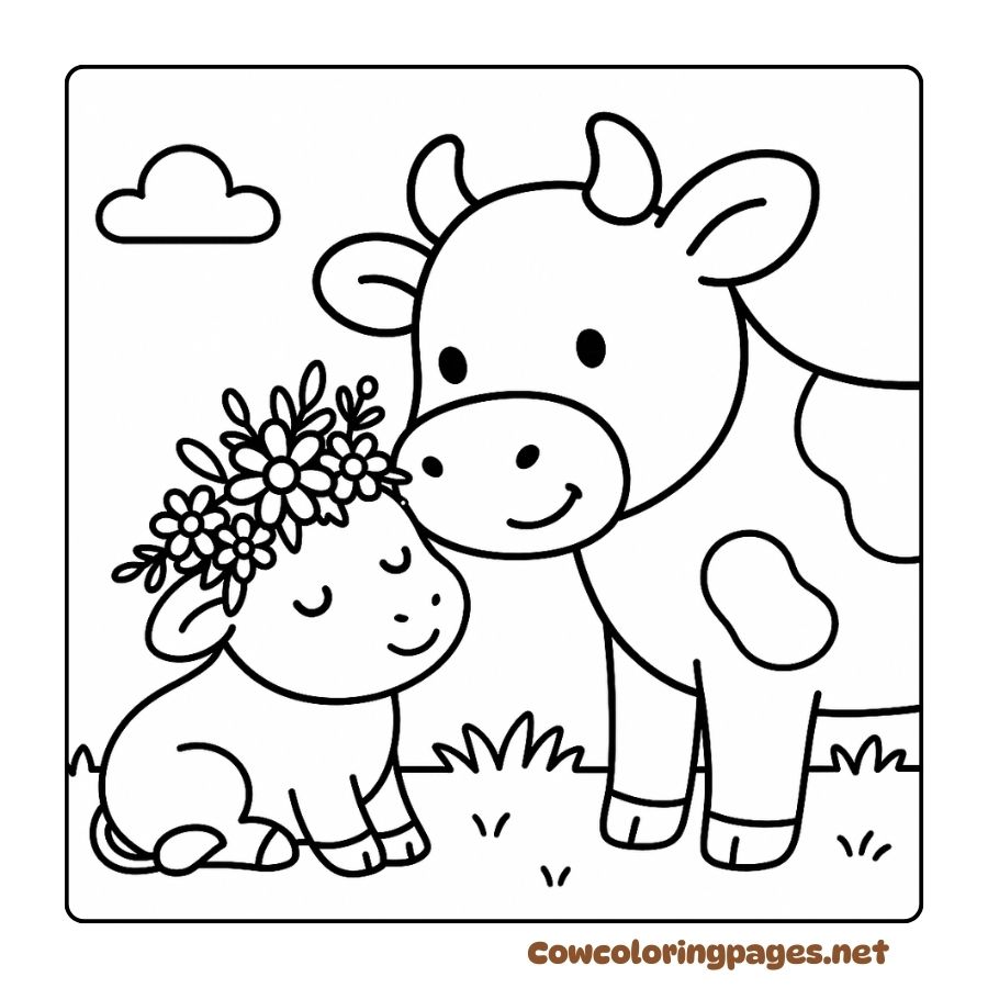 Coloring page of mother cow and calf with cute wreath