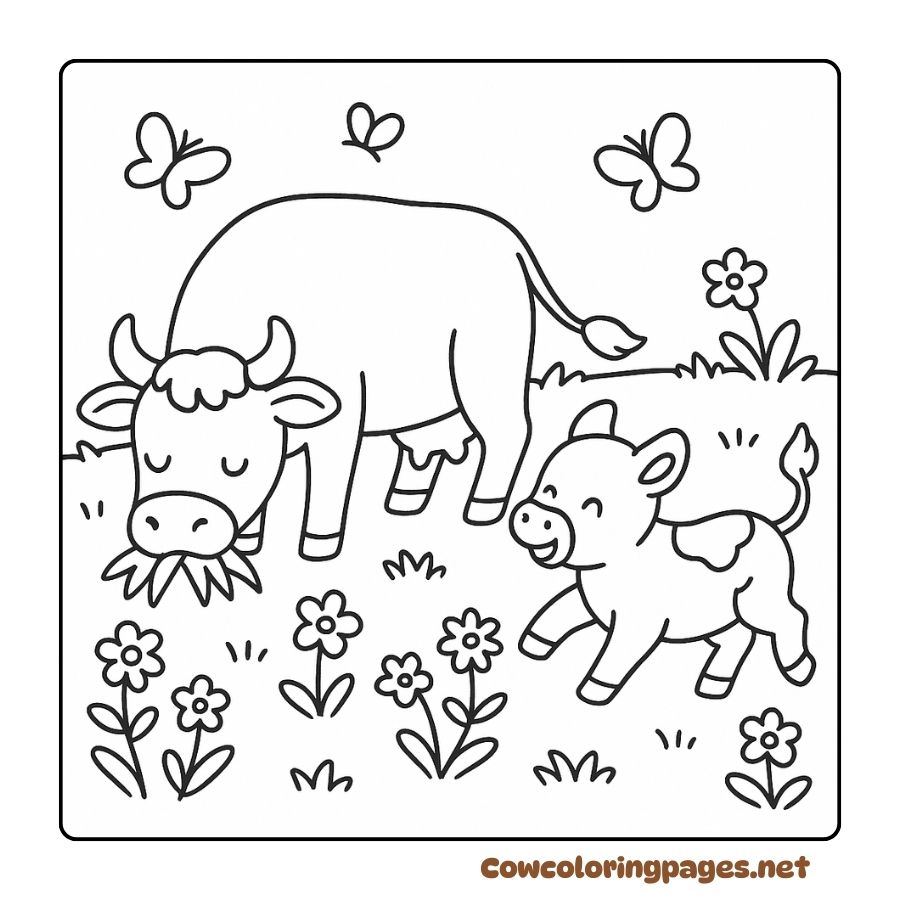 Coloring page of mother cow grazing next to calf among flowers and leaves