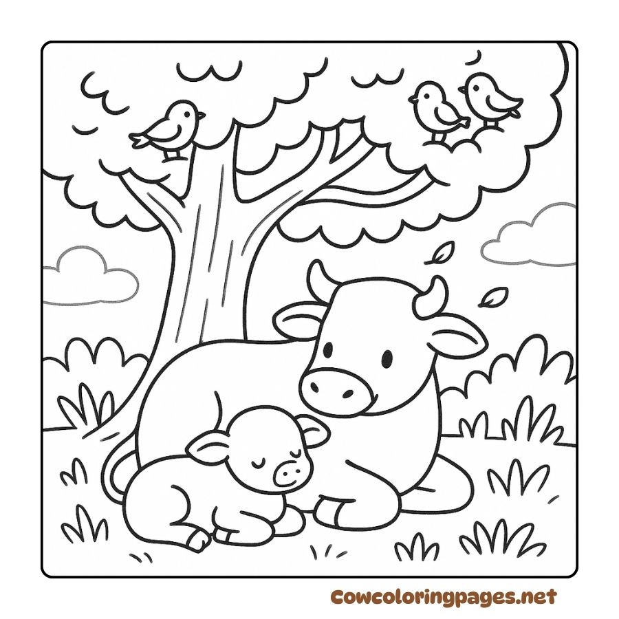 Coloring page of mother cow and calf resting at noon under the green canopy