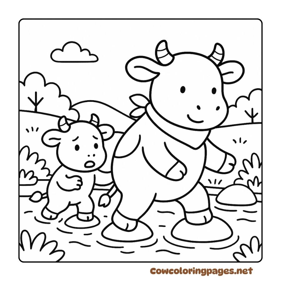 Coloring page of mother cow leading calf across the stream in the early morning