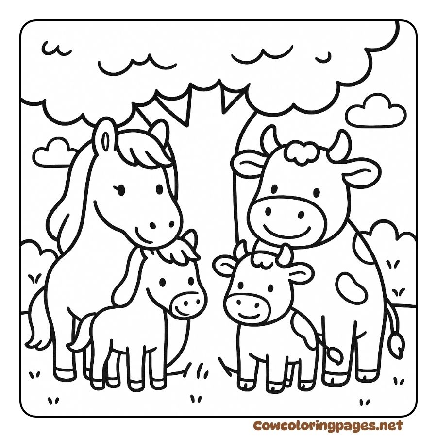 Coloring page of a family of cows and horses gathering under the shade of a tree