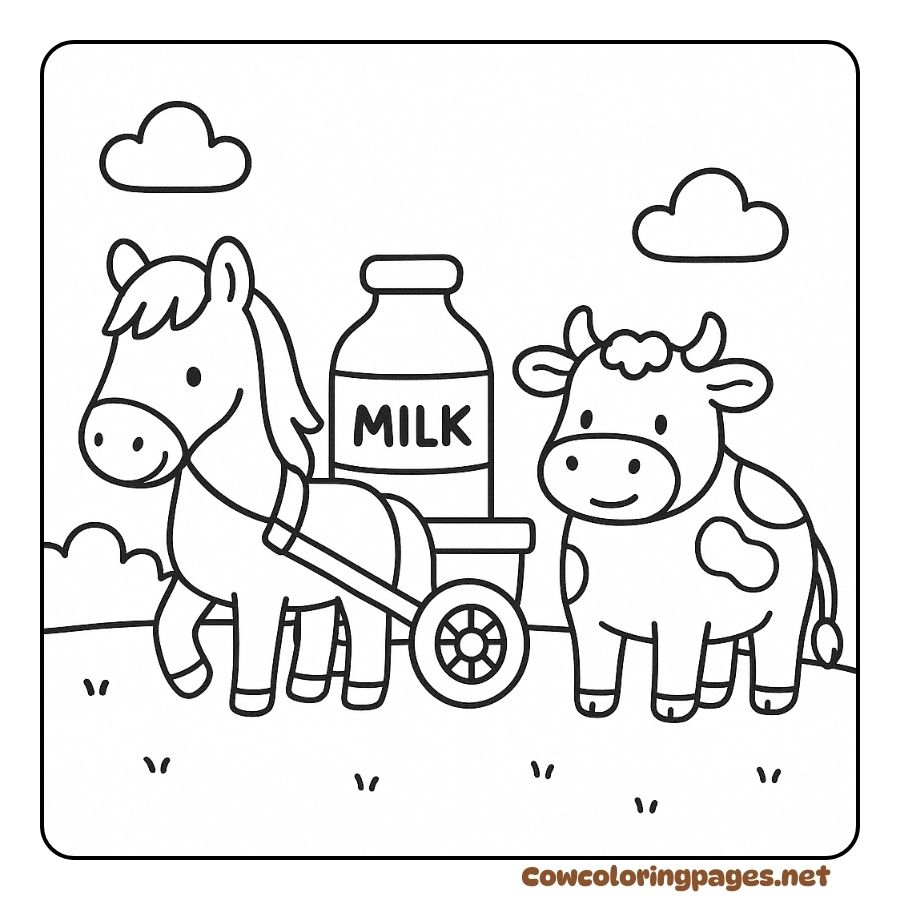 Coloring page of a cow standing next to a horse pulling a cute milk cart