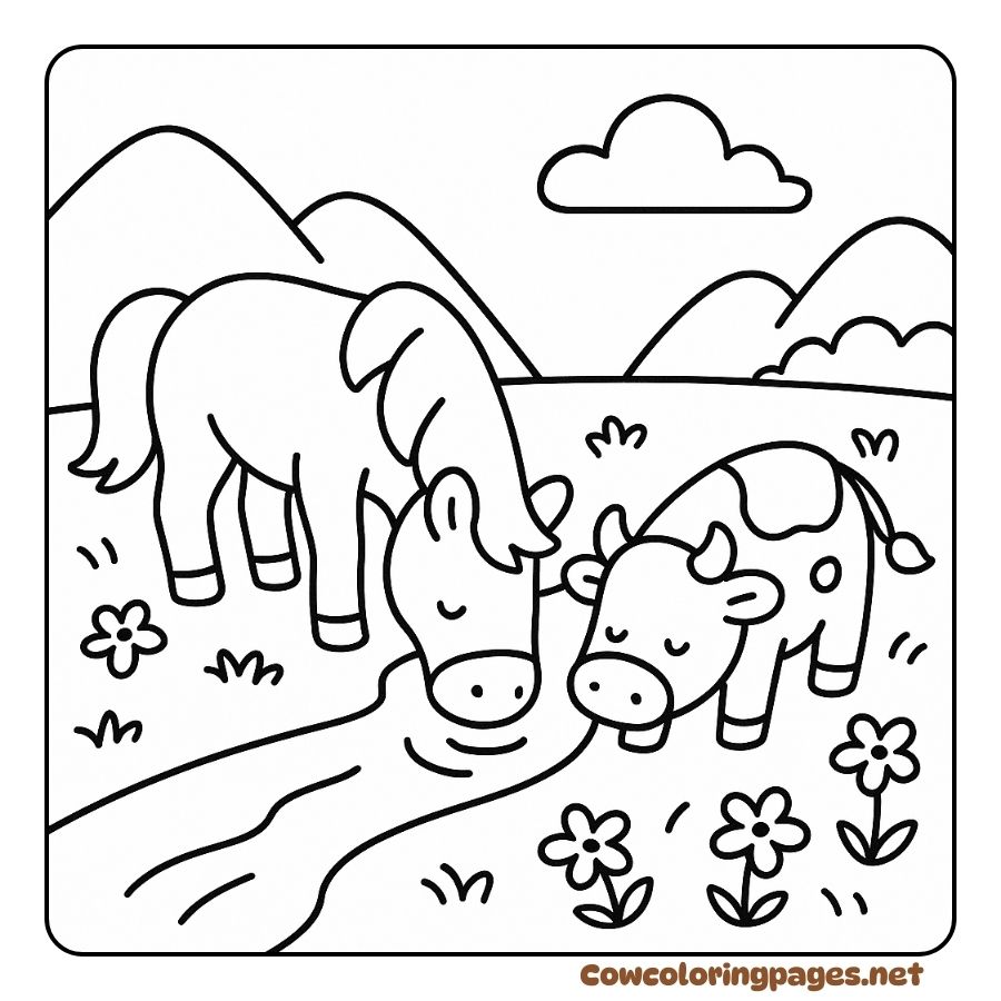 Coloring page of a cow and a horse drinking water by a small stream