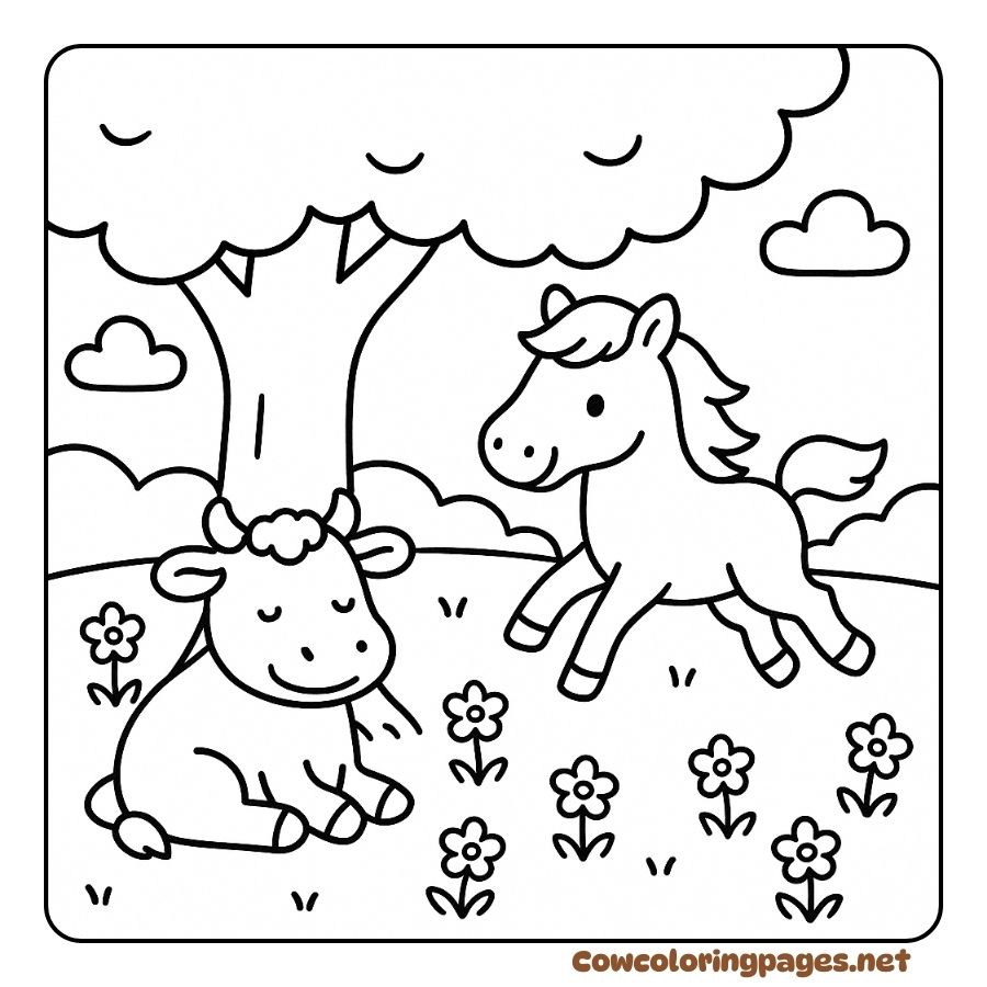 Coloring page of a cow resting and a horse frolicking under a tree