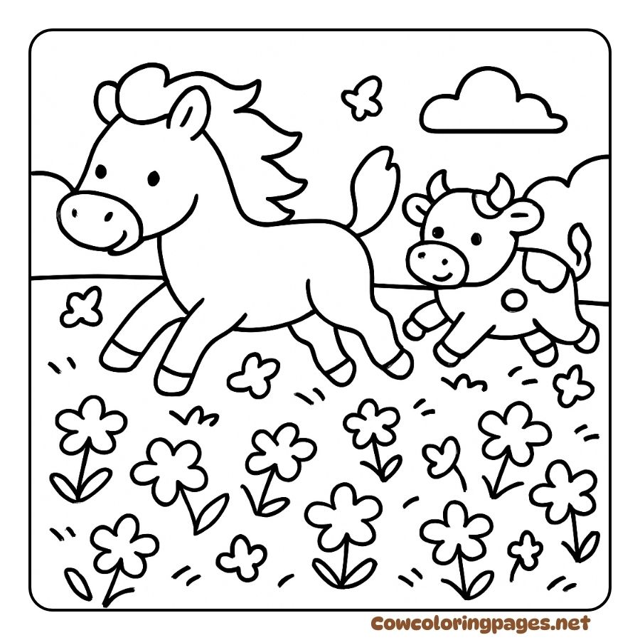 Coloring page of a cow and a horse chasing each other in a colorful flower garden