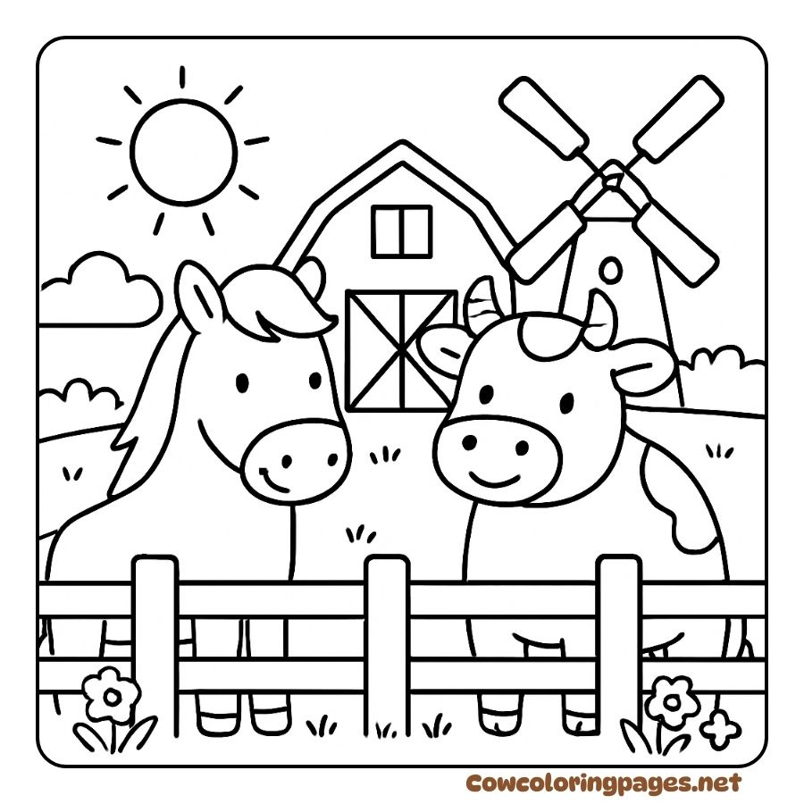 Coloring page of a happy cow and a horse in front of a windy barn